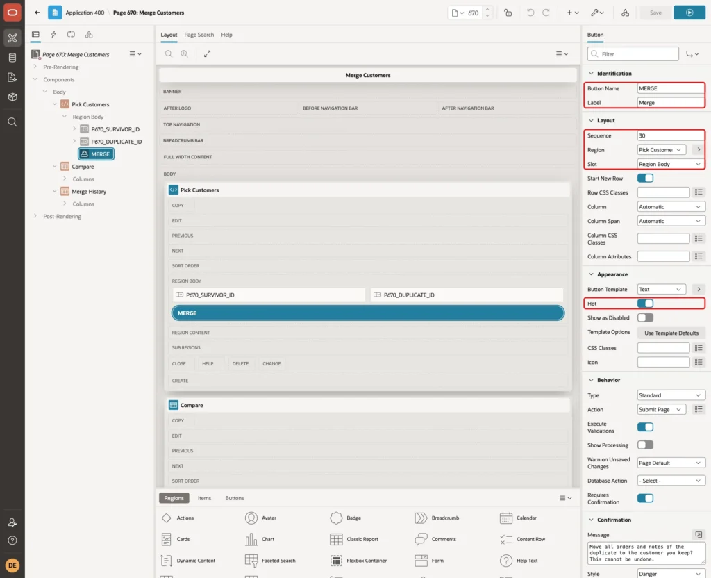Button MERGE with Button Name, Label Merge, Sequence 30, Region Pick Customers, Slot Region Body and Hot on marked with red boxes