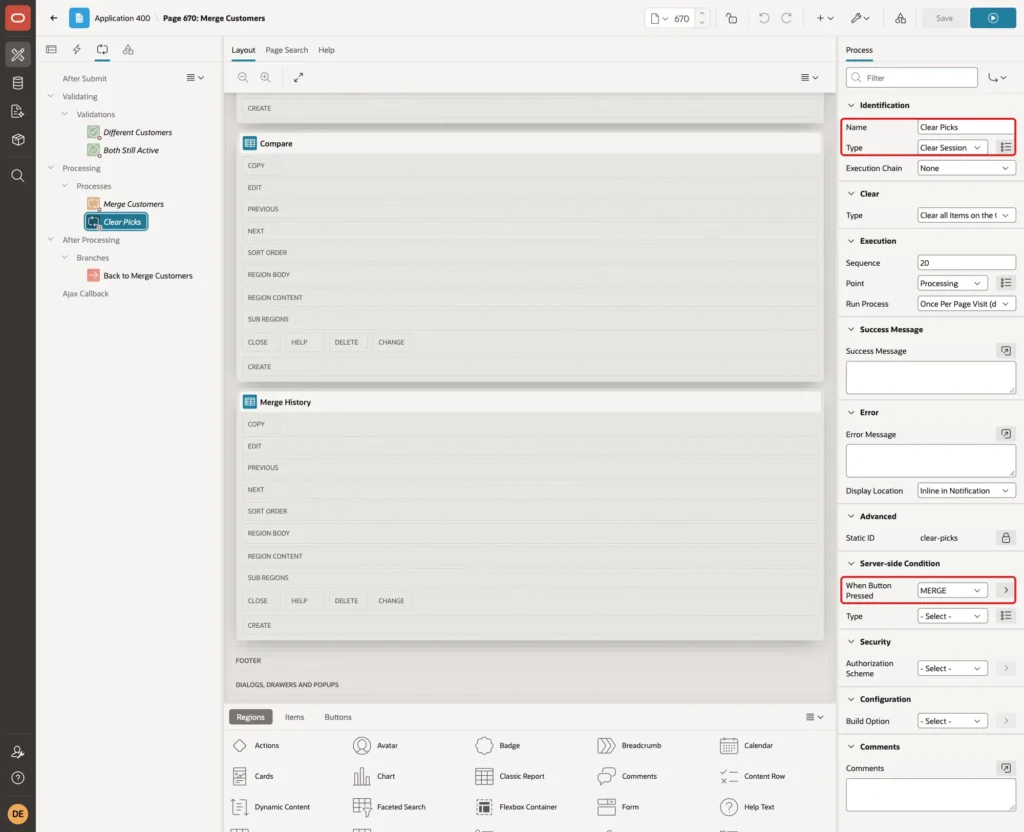 Process Clear Picks with Name, Type Clear Session State and When Button Pressed MERGE marked with red boxes