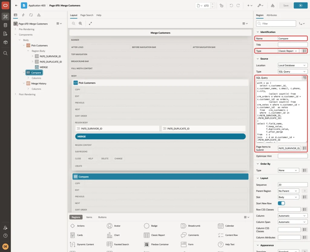 Region Compare with Name, Type Classic Report, the SQL Query and Page Items to Submit marked with red boxes