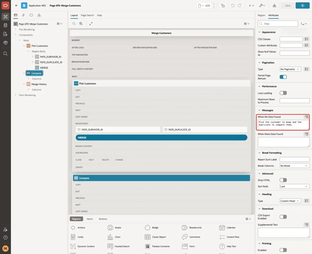 Compare region Attributes with the When No Data Found message marked with a red box