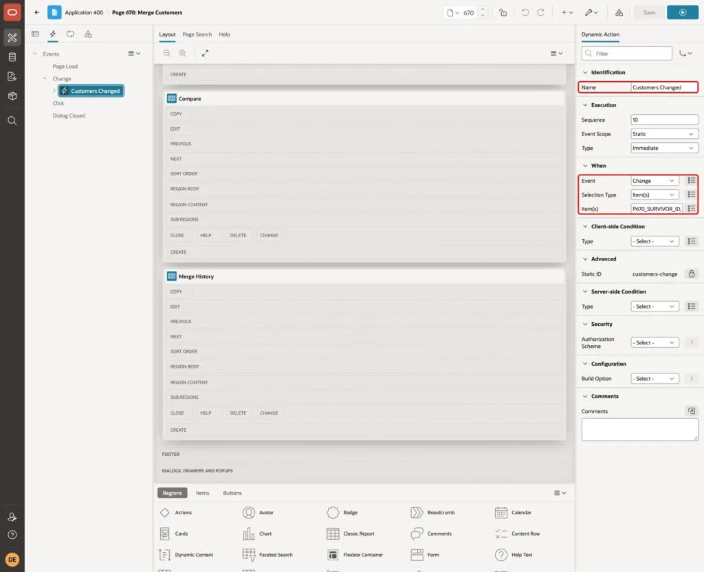 Dynamic action Customers Changed with Name, Event Change, Selection Type Items and both items marked with red boxes