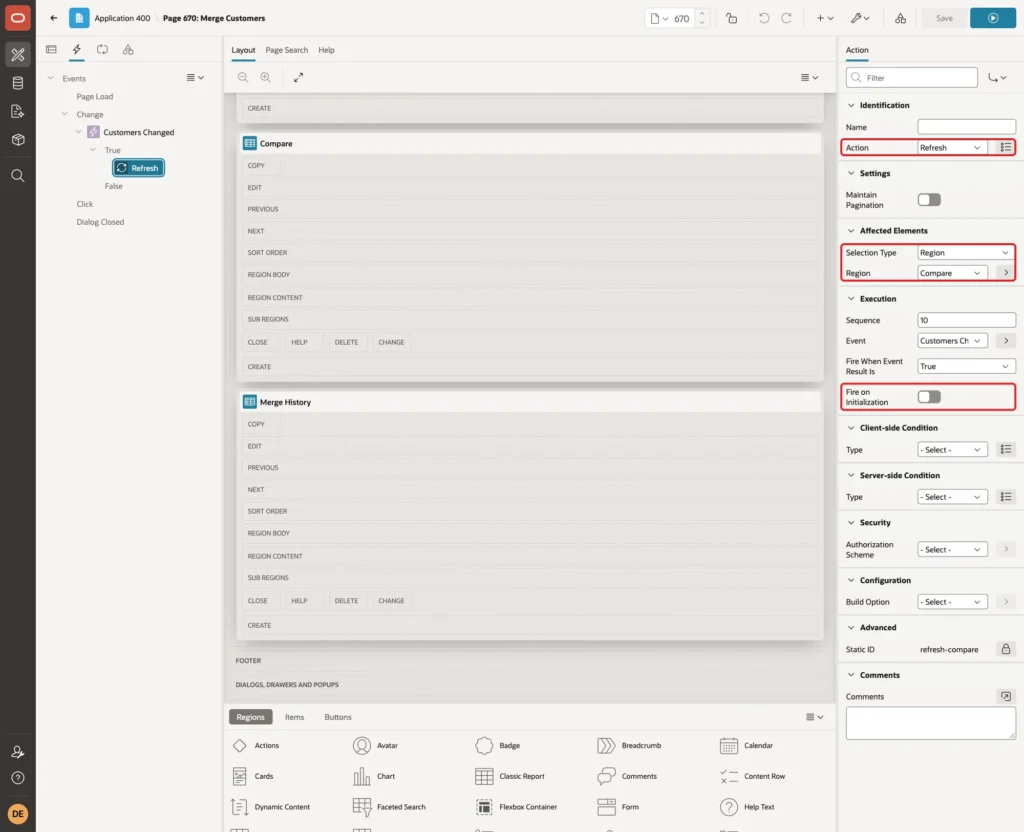 True action with Action Refresh, Selection Type Region, Region Compare and Fire on Initialization off marked with red boxes
