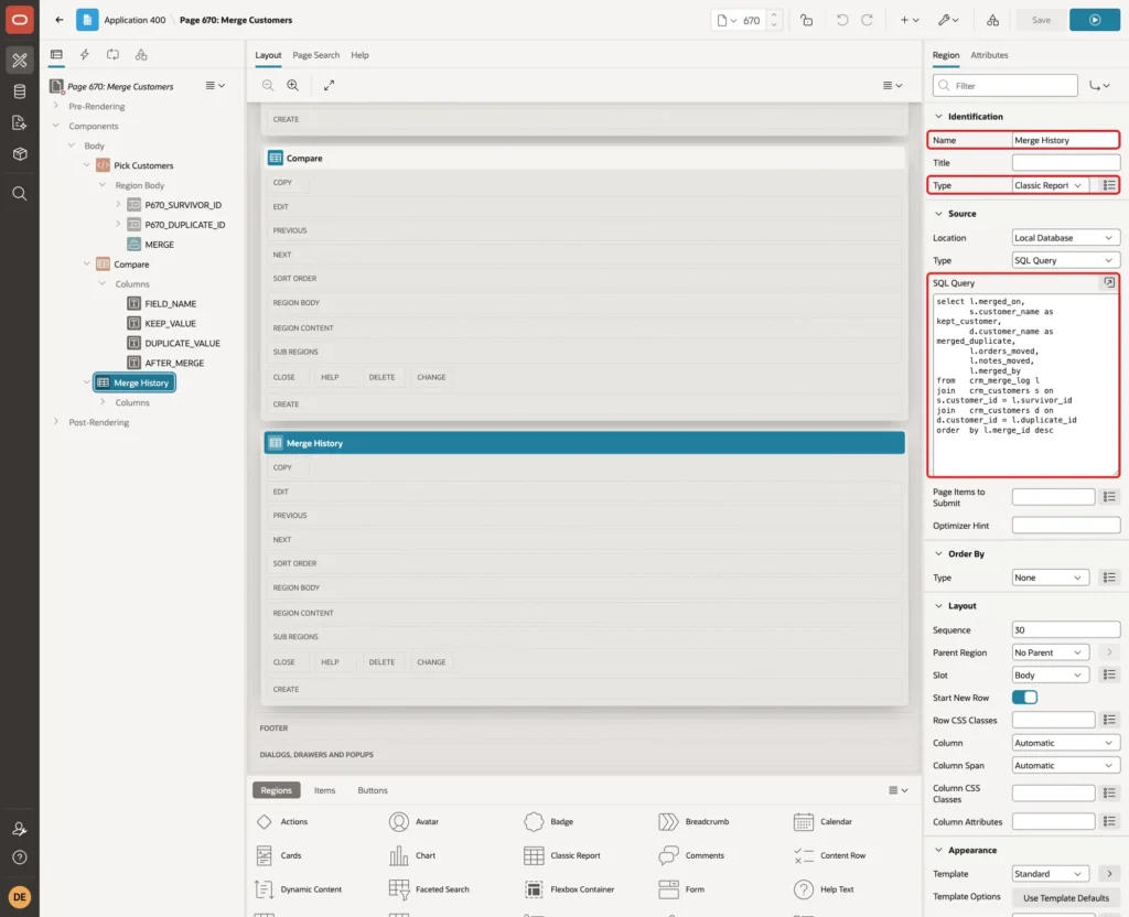 Region Merge History with Name, Type Classic Report and the SQL Query marked with red boxes