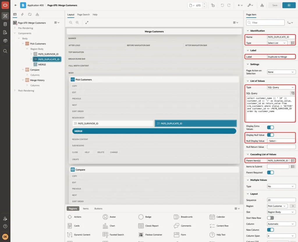 Page item P670_DUPLICATE_ID with Name, Type, Label, the List of Values SQL Query, Null Display Value and Parent Item P670_SURVIVOR_ID marked with red boxes