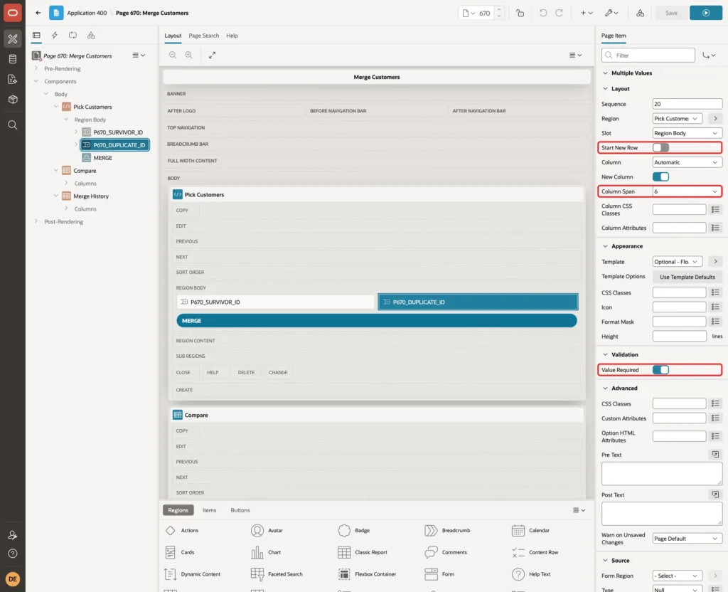 Page item P670_DUPLICATE_ID with Start New Row off, Column Span 6 and Value Required on marked with red boxes