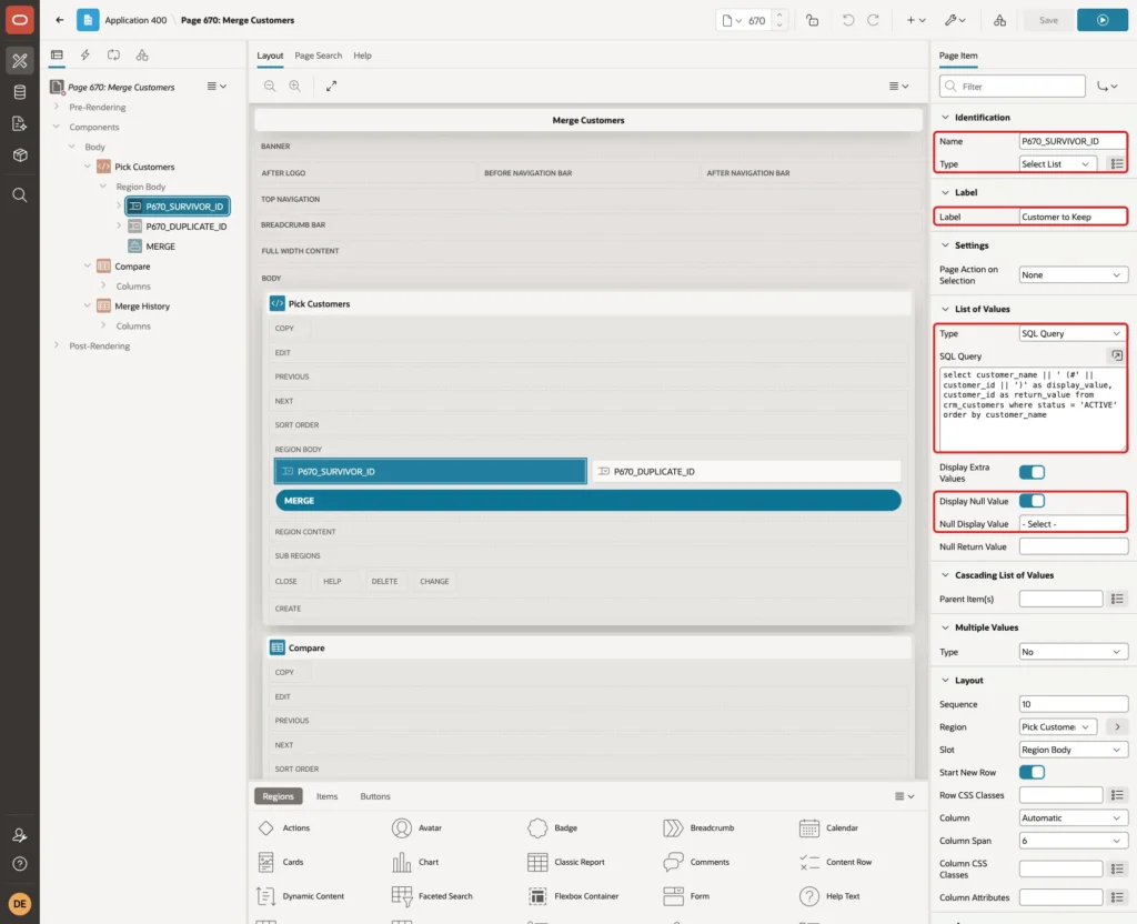 Page item P670_SURVIVOR_ID with Name, Type Select List, Label Customer to Keep, the List of Values SQL Query and Null Display Value marked with red boxes