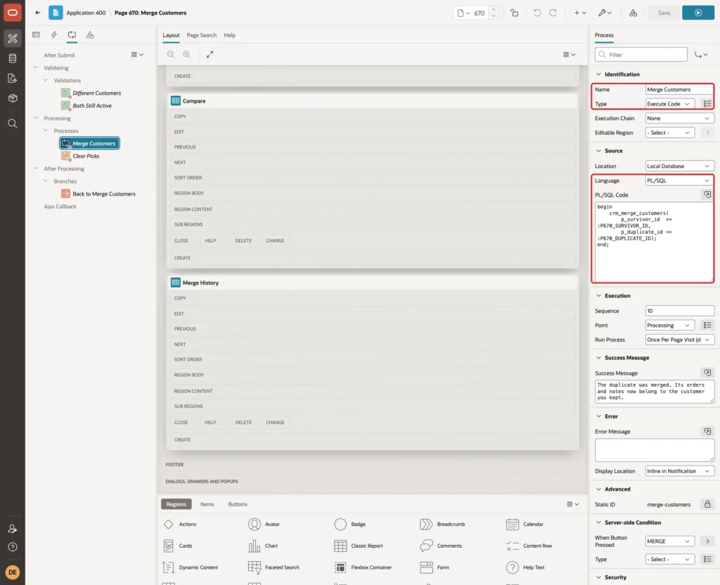 Process Merge Customers with Name, Type Execute Code, Language PL/SQL and the PL/SQL Code marked with red boxes