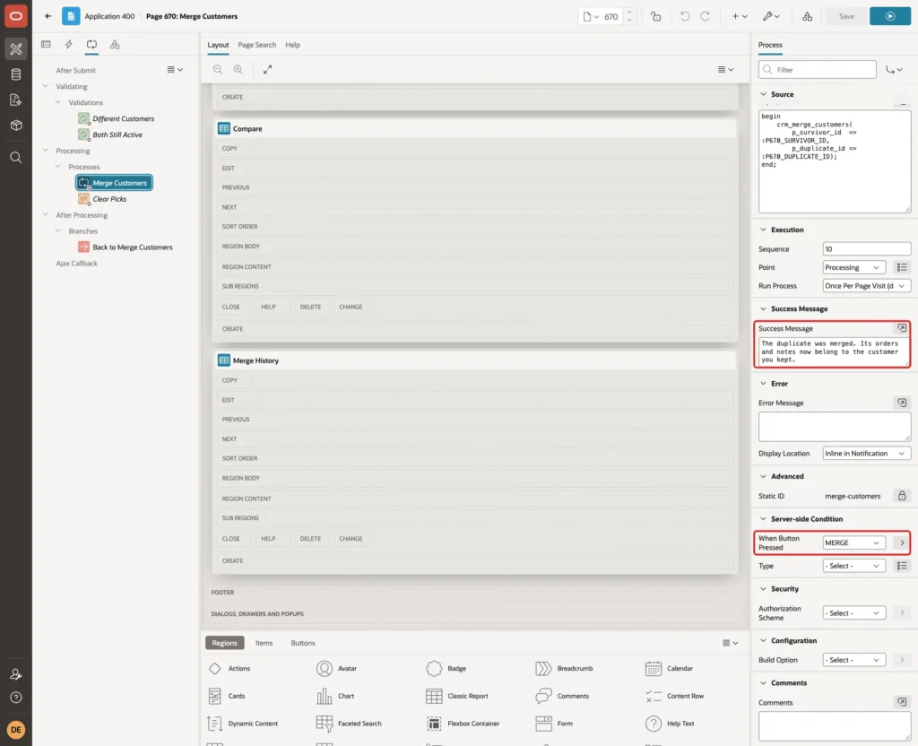 Process Merge Customers with Success Message and When Button Pressed MERGE marked with red boxes