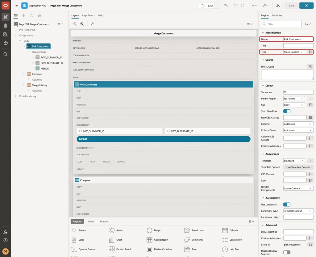 Region Pick Customers with Name and Type Static Content marked with red boxes