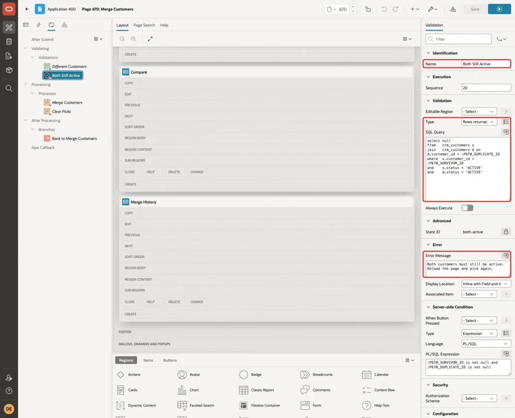 Validation Both Still Active with Name, Type Rows returned, the SQL Query and Error Message marked with red boxes