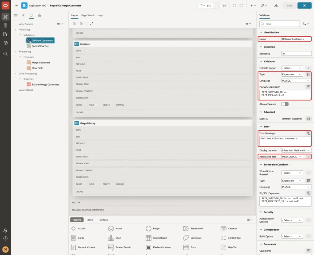 Validation Different Customers with Name, Type Expression, Language PL/SQL, the expression, Error Message and Associated Item marked with red boxes