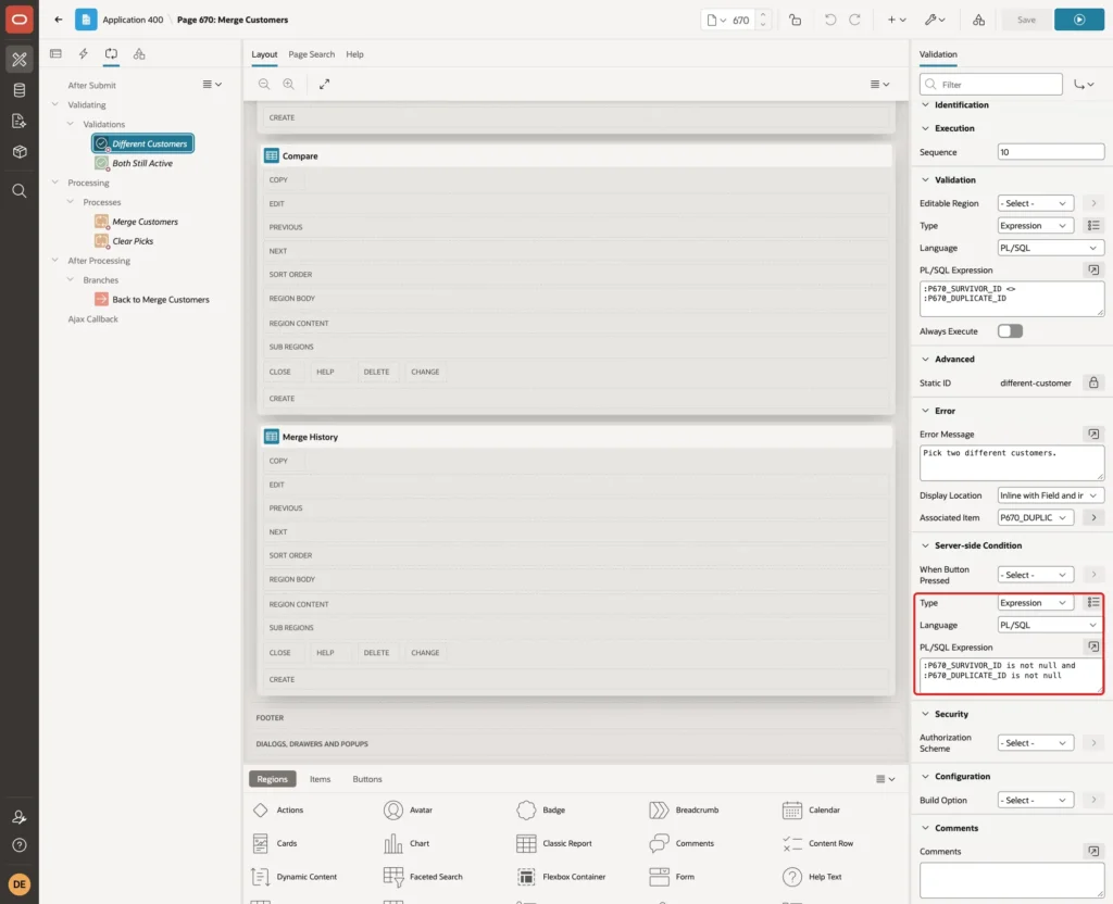 Validation Different Customers with Server-side Condition Type Expression and the not null expression marked with a red box