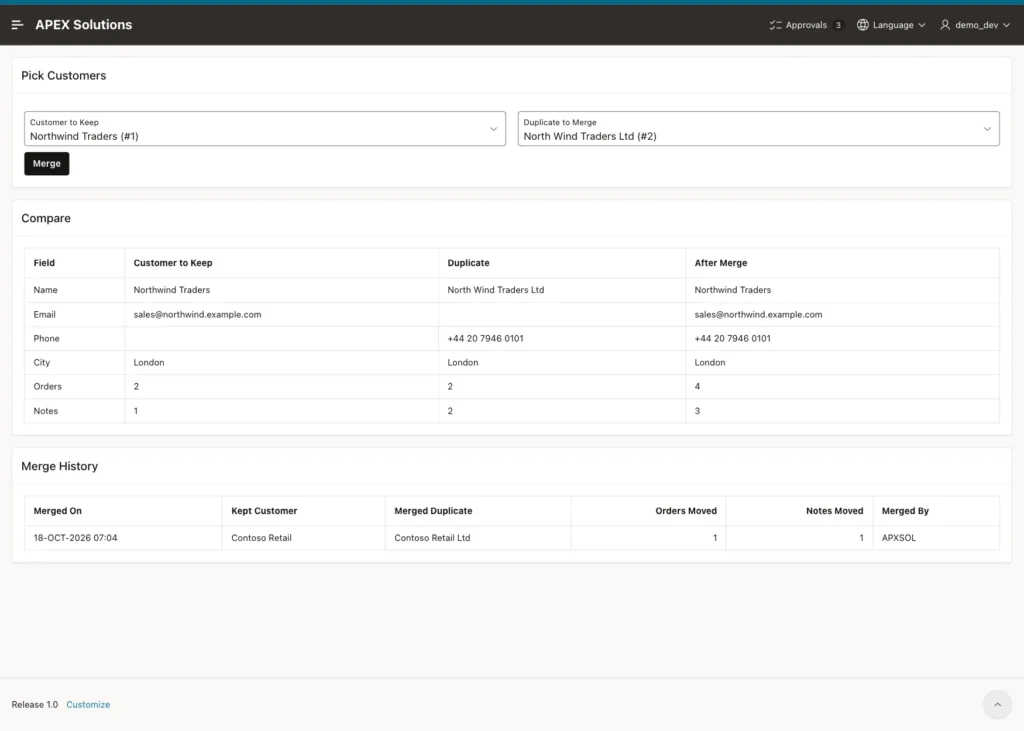Merge Customers page with Northwind Traders 1 and North Wind Traders Ltd 2 picked, the Compare report and the merge history