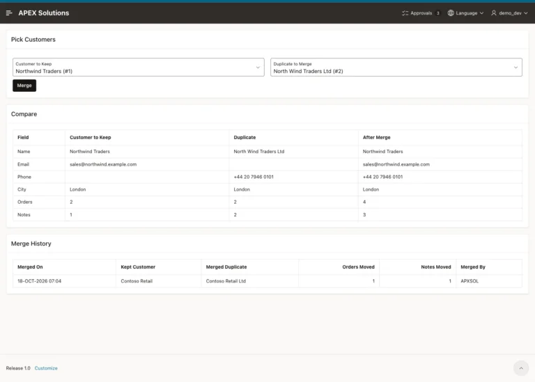 Merge Customers page with Northwind Traders 1 and North Wind Traders Ltd 2 picked, the Compare report and the merge history