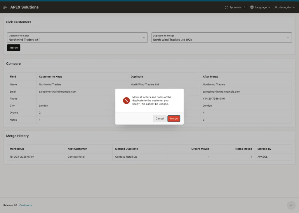 Confirmation dialog asking to move all orders and notes of the duplicate with Cancel and Merge buttons