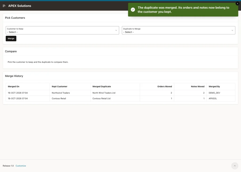Merge Customers page with the success message and the Northwind merge on top of the Merge History with 2 orders and 2 notes moved by DEMO_DEV