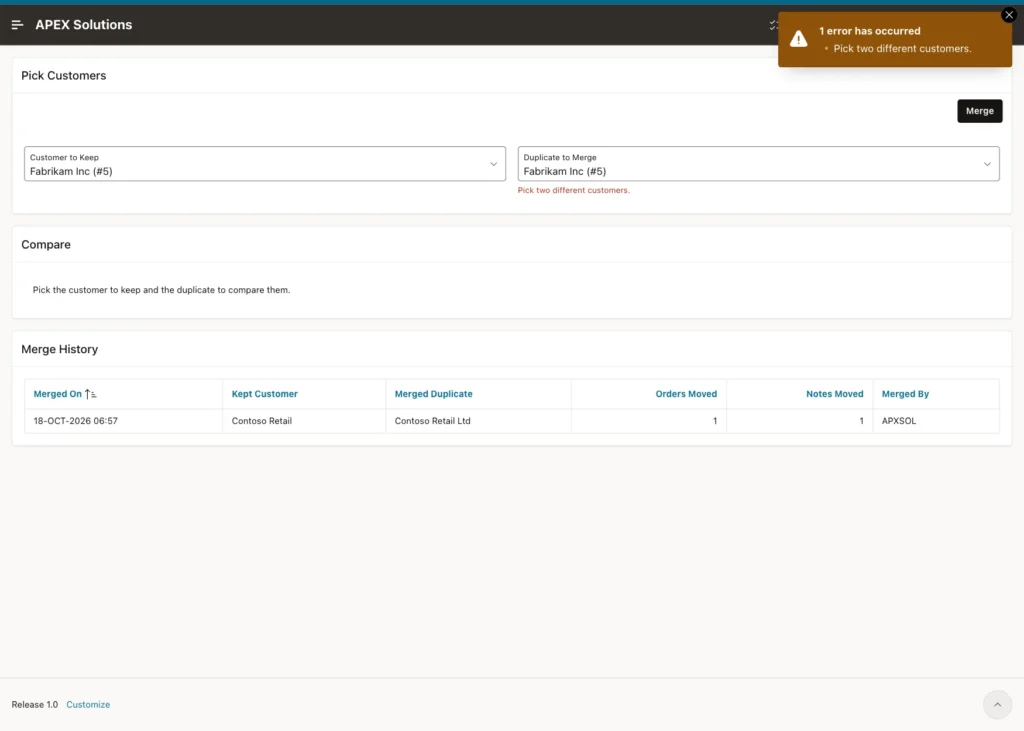 Merge Customers page with Fabrikam Inc 5 in both lists and the error Pick two different customers