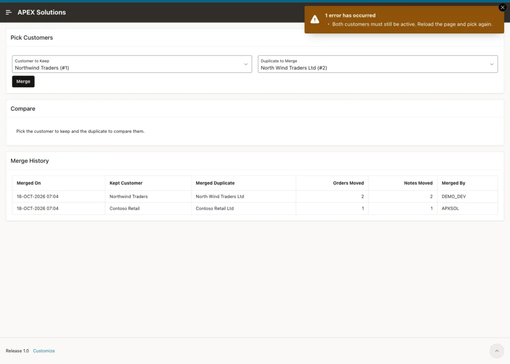 Merge Customers page with the error Both customers must still be active. Reload the page and pick again