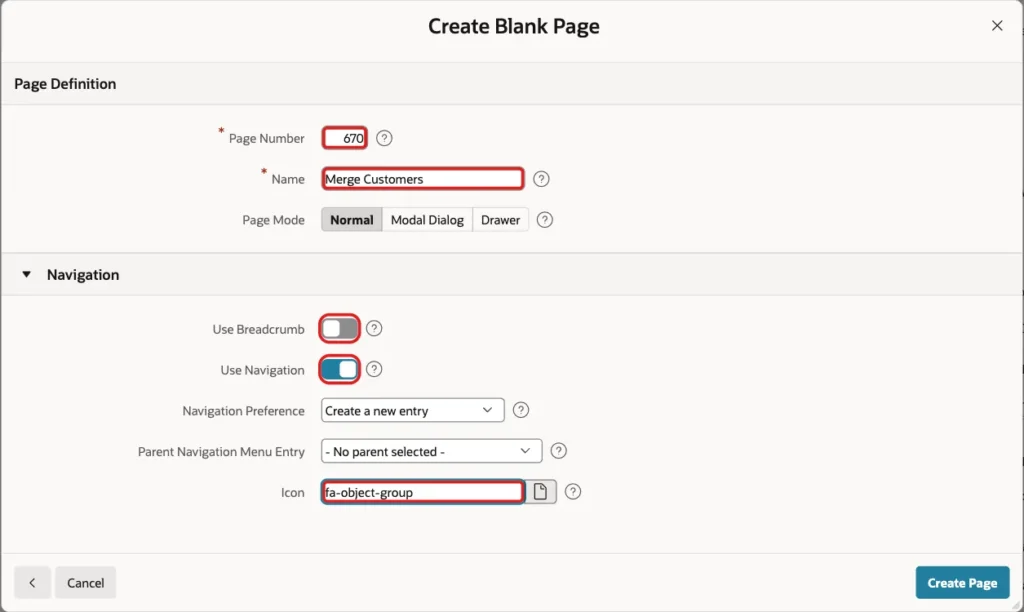 Create Blank Page screen with Page Number 670, Name Merge Customers, Use Breadcrumb off, Use Navigation on and Icon fa-object-group marked with red boxes