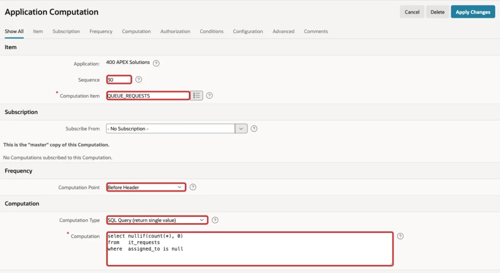 Application Computation page with Sequence 30, Computation Item QUEUE_REQUESTS, Computation Point Before Header, Computation Type SQL Query and the queue count query marked with red boxes