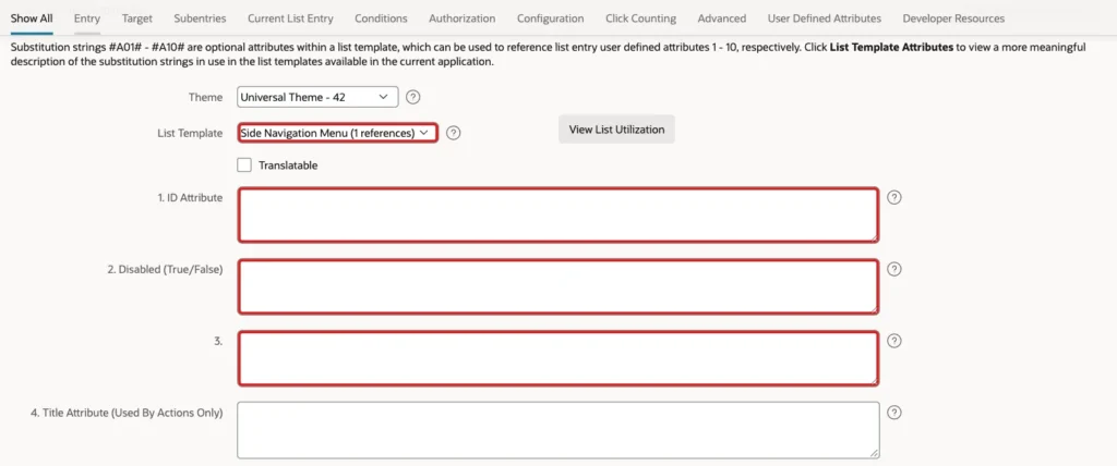 User Defined Attributes of the list entry with List Template Side Navigation Menu and attributes 1. ID Attribute, 2. Disabled and 3. without a label marked with red boxes