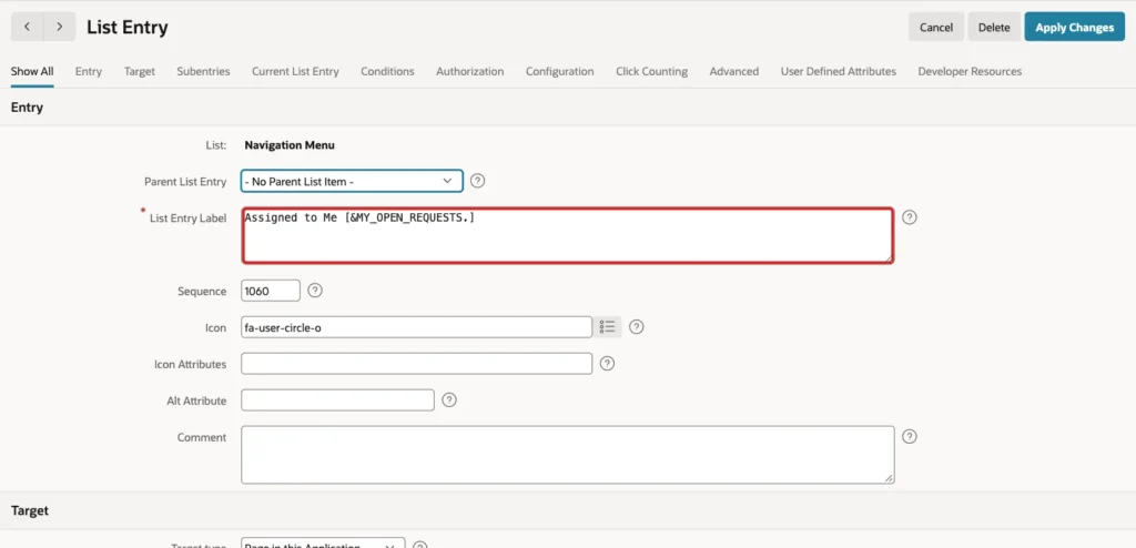 List Entry page with List Entry Label Assigned to Me [&MY_OPEN_REQUESTS.] marked with a red box