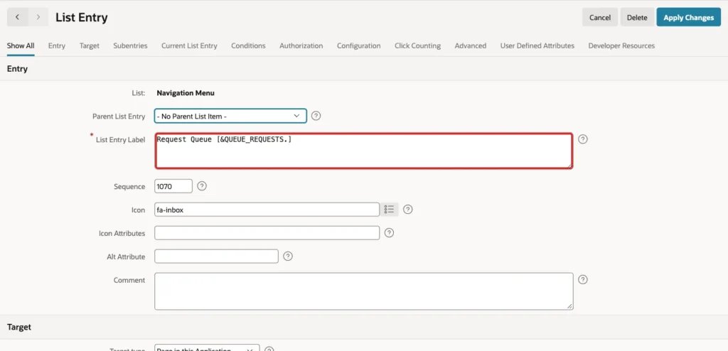 List Entry page with List Entry Label Request Queue [&QUEUE_REQUESTS.] marked with a red box
