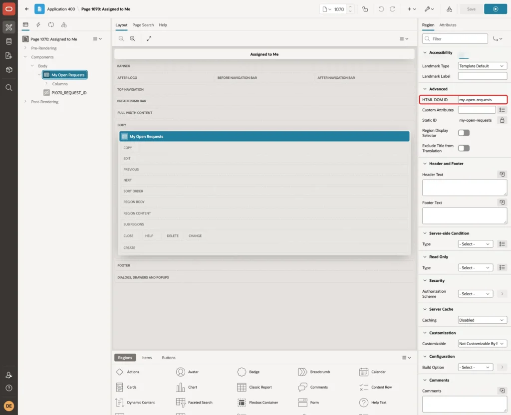 Advanced group of the My Open Requests region with HTML DOM ID my-open-requests marked with a red box
