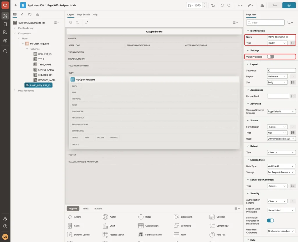 Page Designer with page item Name P1070_REQUEST_ID, Type Hidden and Value Protected off marked with red boxes