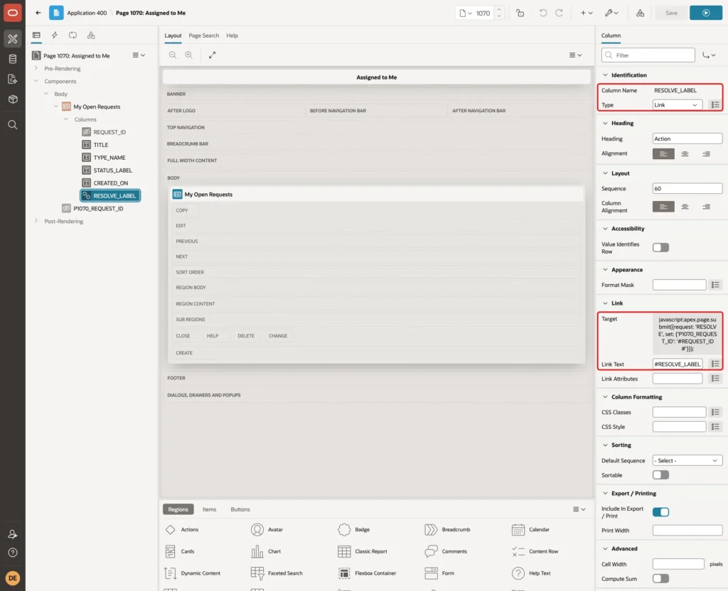Page Designer with column RESOLVE_LABEL of Type Link, its JavaScript Target URL and Link Text #RESOLVE_LABEL# marked with red boxes