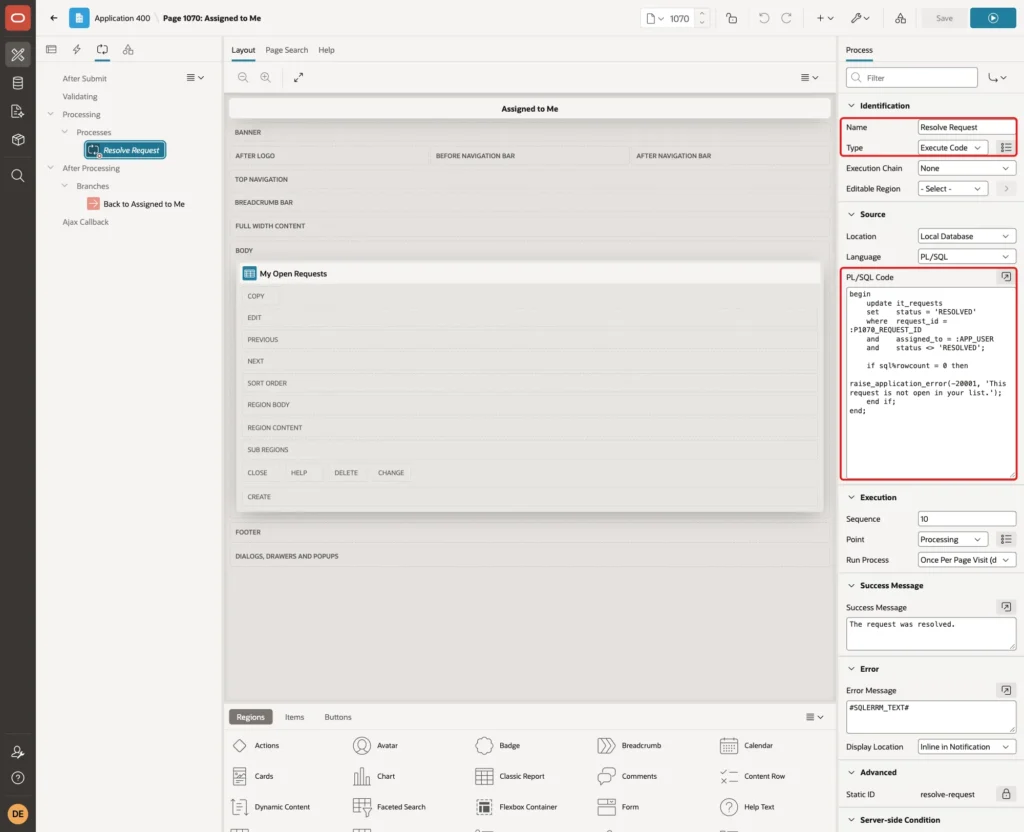 Page Designer with process Name Resolve Request, Type Execute Code and the PL/SQL Code that updates IT_REQUESTS marked with red boxes