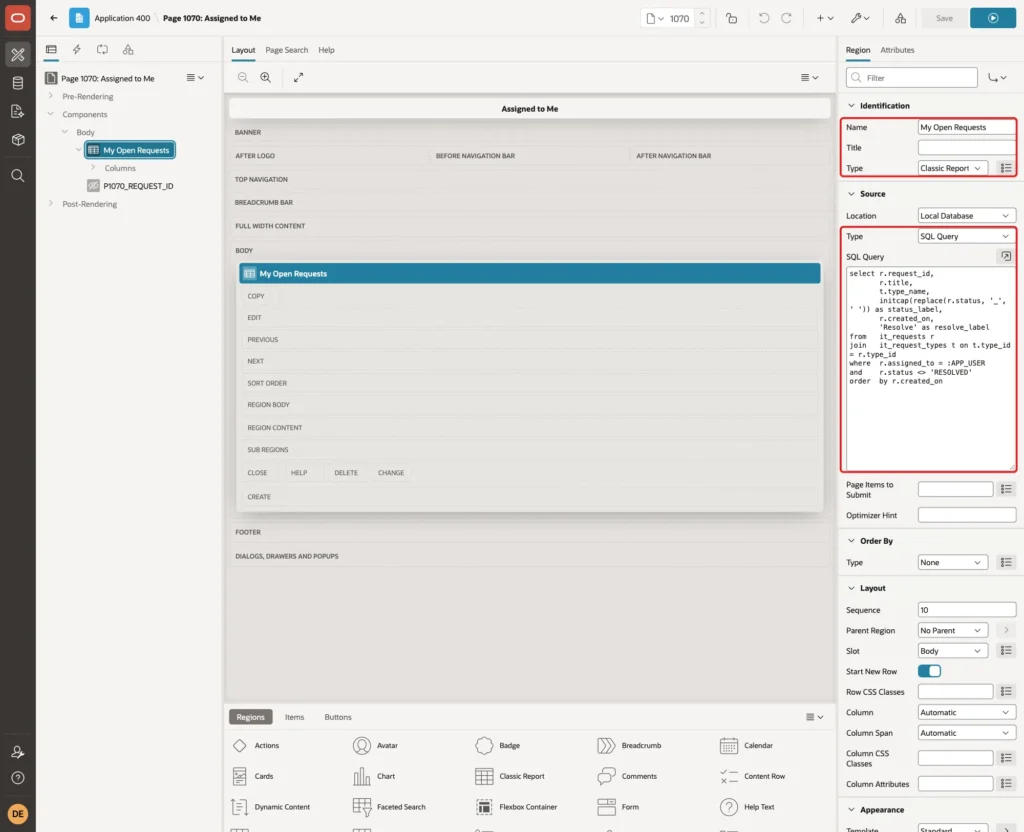Page Designer with region Name My Open Requests, Type Classic Report, Source Type SQL Query and the SQL Query filtered by APP_USER marked with red boxes