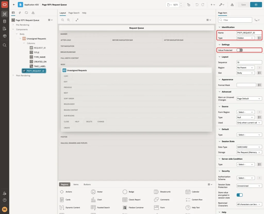 Page Designer with page item Name P1071_REQUEST_ID, Type Hidden and Value Protected off marked with red boxes