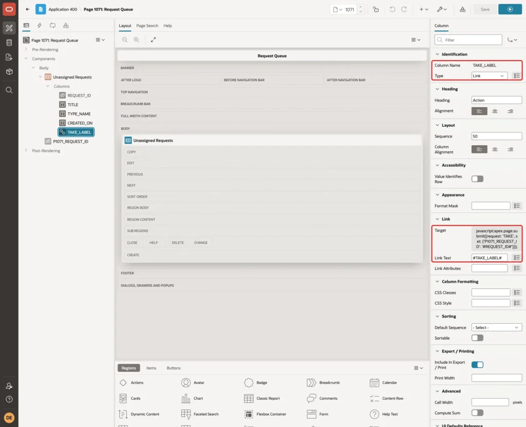Page Designer with column TAKE_LABEL of Type Link, its JavaScript Target URL and Link Text marked with red boxes