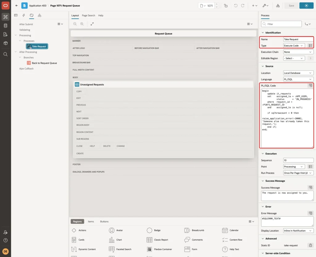 Page Designer with process Name Take Request, Type Execute Code and the PL/SQL Code that assigns the request to APP_USER marked with red boxes