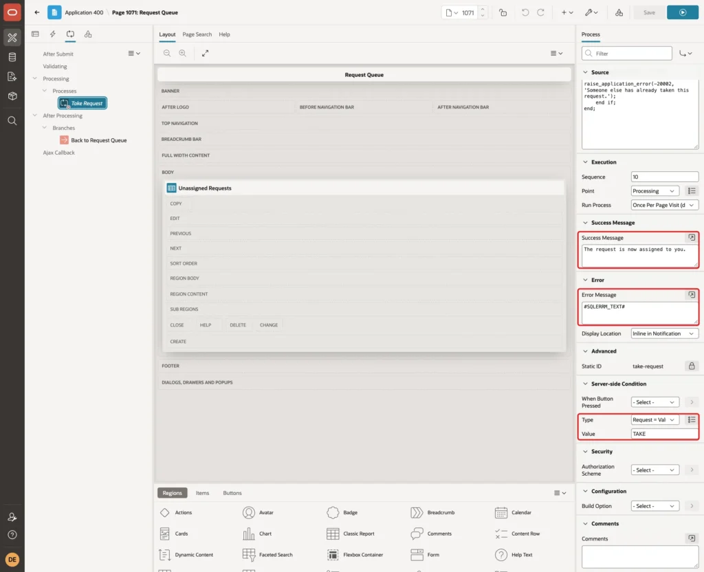 Process settings with Success Message, Error Message, Server-side Condition Type Request = Value and Value TAKE marked with red boxes