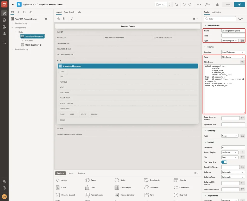 Page Designer with region Name Unassigned Requests, Type Classic Report and the SQL Query for unassigned requests marked with red boxes