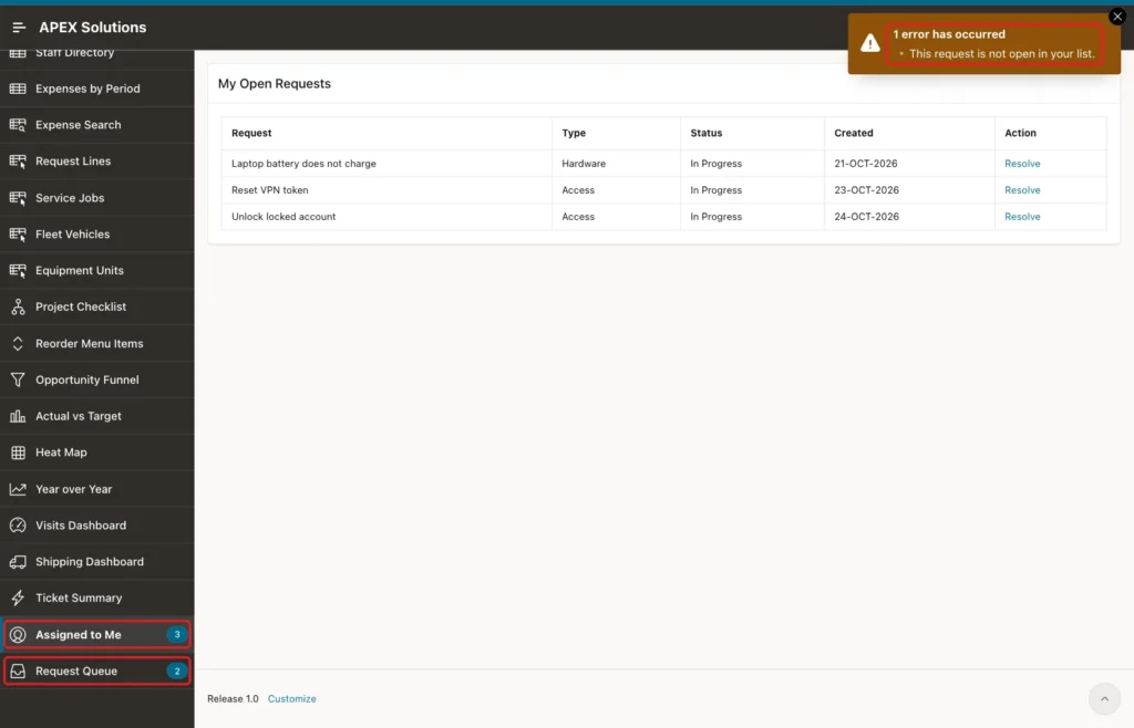 Assigned to Me page for DEMO_DEV with the error This request is not open in your list marked with a red box