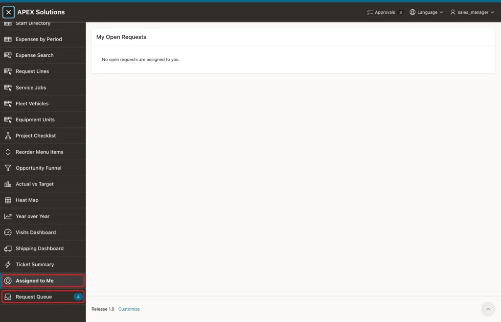 Assigned to Me page for SALES_MANAGER with no requests, the Assigned to Me entry without a badge and Request Queue 4 marked with red boxes
