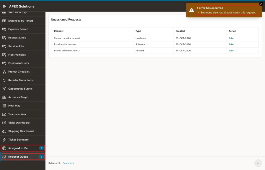Request Queue page for DEMO_DEV with the error Someone else has already taken this request marked with a red box and the badges still showing 3 and 3