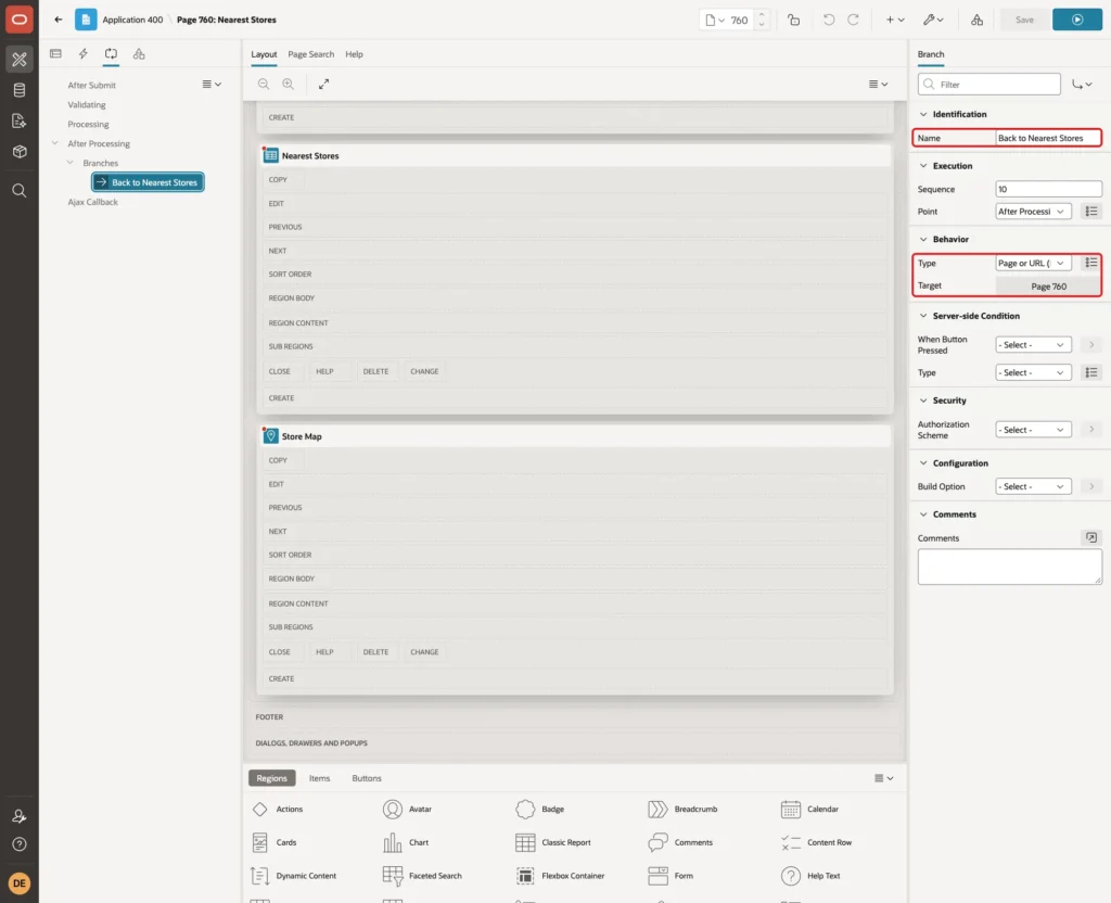 Branch Back to Nearest Stores with Name, Type Page or URL and Target Page 760 marked with red boxes