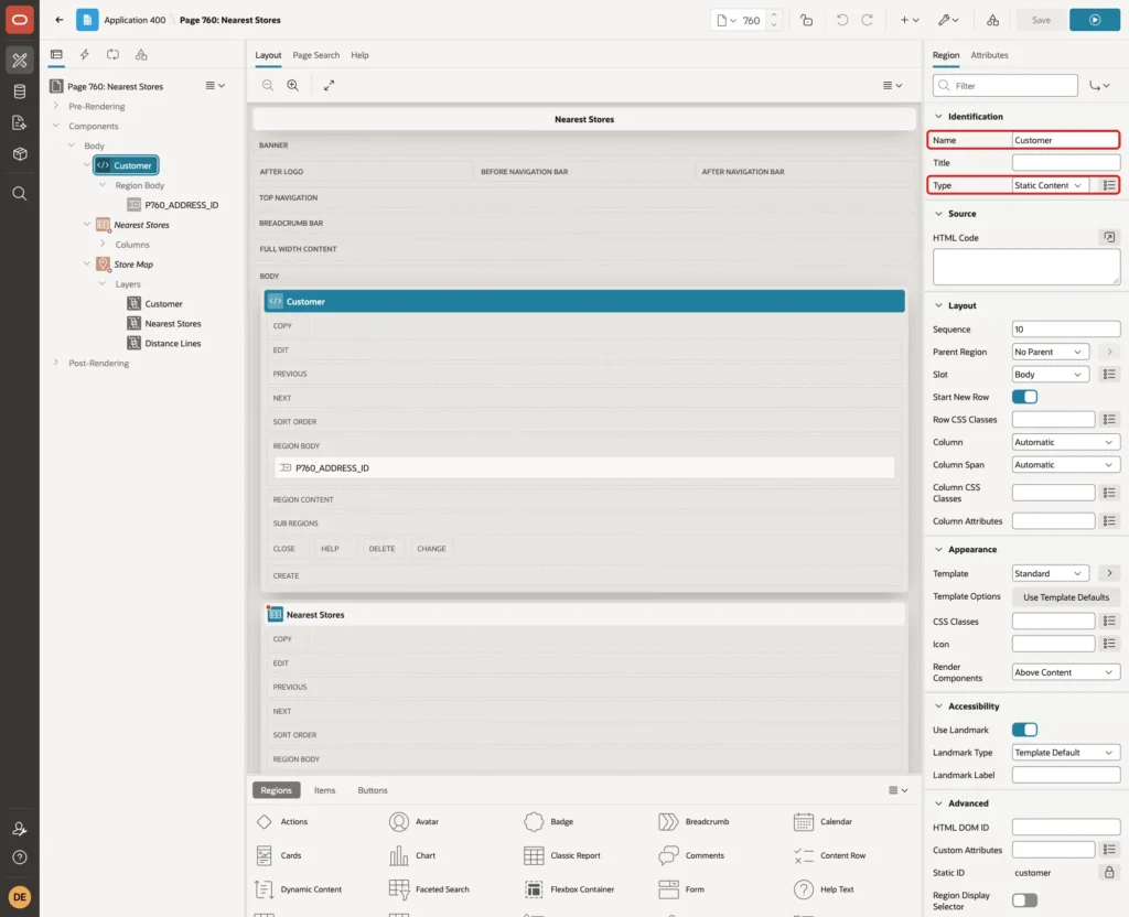 Region Customer with Name and Type Static Content marked with red boxes