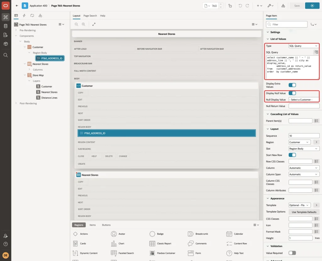 List of Values Type SQL Query with the query, Display Null Value on and Null Display Value - Select a Customer - marked with red boxes