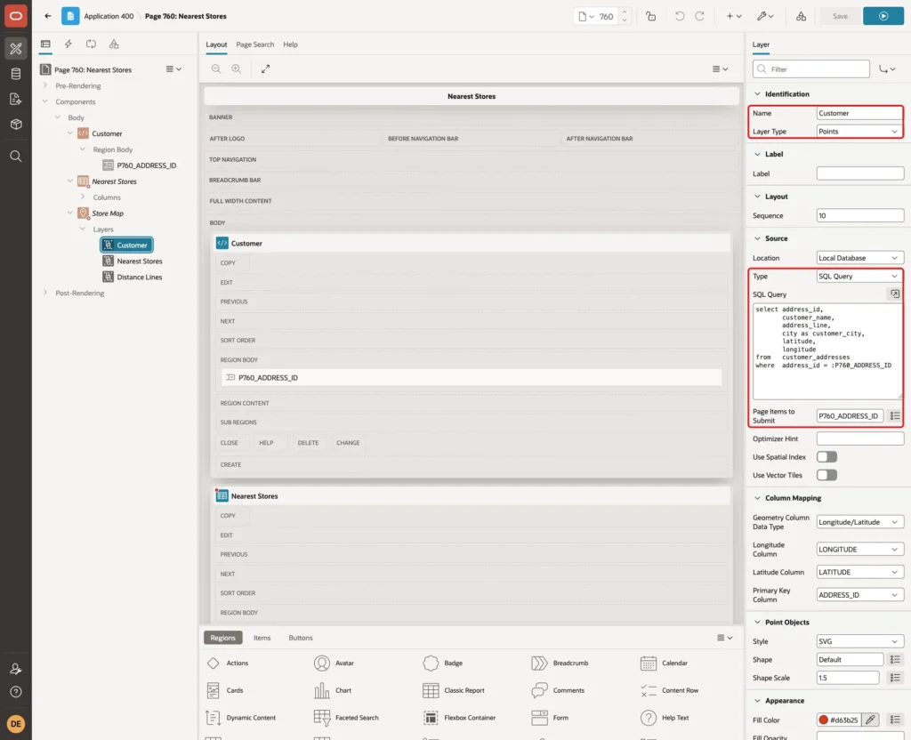Layer Customer with Name, Layer Type Points, Source Type SQL Query, the query and Page Items to Submit marked with red boxes