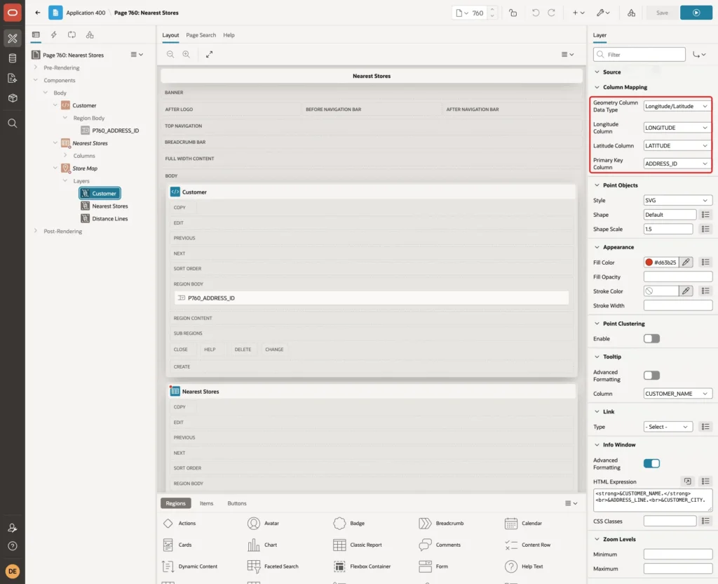 Column Mapping with Geometry Column Data Type Longitude/Latitude, Longitude Column LONGITUDE, Latitude Column LATITUDE and Primary Key Column ADDRESS_ID marked with a red box