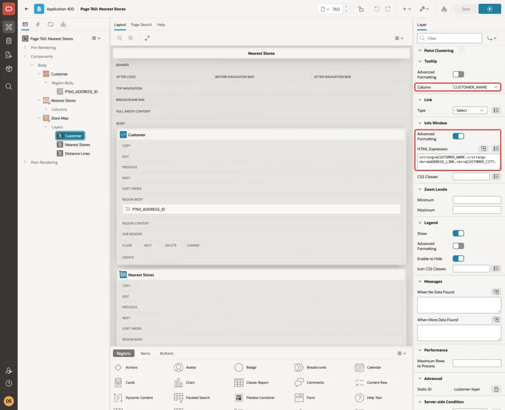 Tooltip Column CUSTOMER_NAME and Info Window Advanced Formatting on with the HTML Expression marked with red boxes