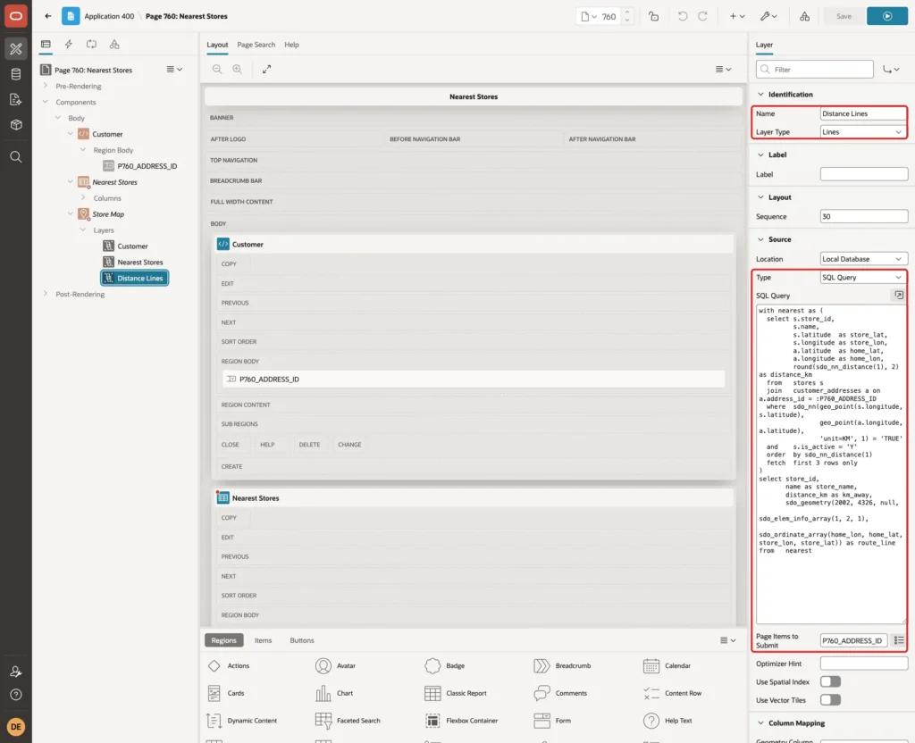 Layer Distance Lines with Name, Layer Type Lines, Source Type SQL Query, the query and Page Items to Submit marked with red boxes