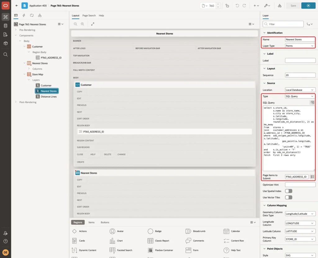 Layer Nearest Stores with Name, Layer Type Points, Source Type SQL Query, the query and Page Items to Submit marked with red boxes