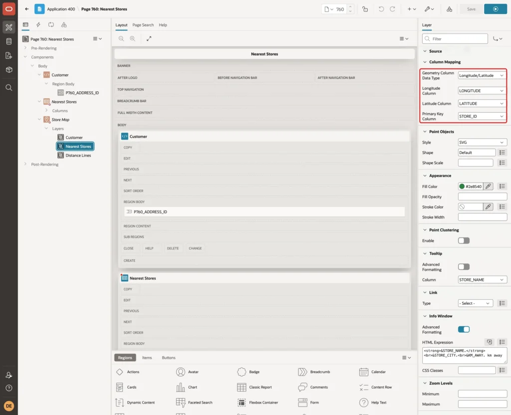 Column Mapping with Geometry Column Data Type Longitude/Latitude, Longitude Column LONGITUDE, Latitude Column LATITUDE and Primary Key Column STORE_ID marked with a red box