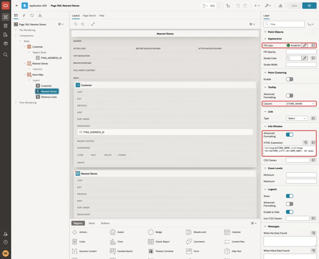Fill Color #2e8540, Tooltip Column STORE_NAME and Info Window Advanced Formatting on with the HTML Expression marked with red boxes